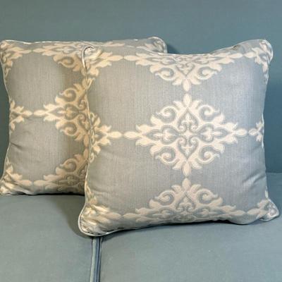 (2pc) Throw Pillows - Light Blue Floral | Two square reversible throw pillows in light blue fabric with white floral pattern reaching...