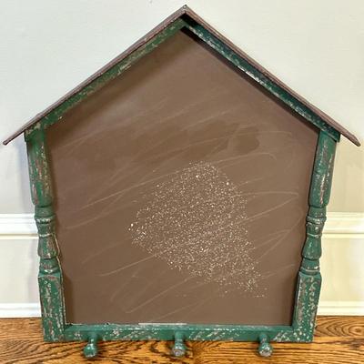 House-Shaped Magnetic Board | House-shaped magnetic board with three hooks for keys or small items, featuring a green painted wooden...