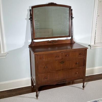 French Provincial Style Dressing Table/Mirror | Antique French Provincial style walnut dressing table, featuring four dovetail drawers, a...