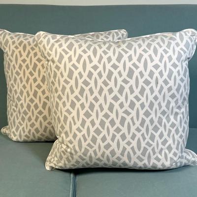(2pc) Throw Pillows - Chainlink 1/2 | Two custom-made light blue and white throw pillows featuring a chainlink pattern. Set 1/2. - h. 20...