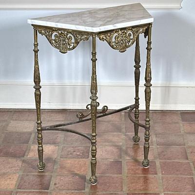 Brass & Marble Top Small Console Table | Vintage (1920s) brass and marble console table, featuring a polished marble top, ornate...