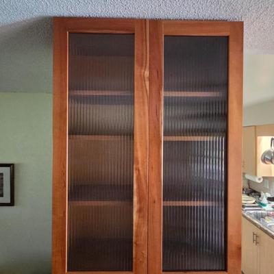 Glass Door Cabinet with 3 adjustable shelves & optional underneath racks for glasses~~Exterior: 30 in wide X 42 in tall X 13 in deep