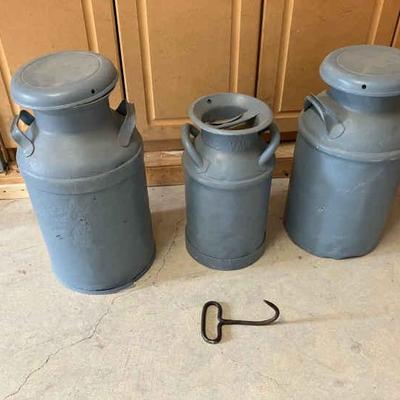 116-GAR: Antique Milk Cans & Hay Bale Hook