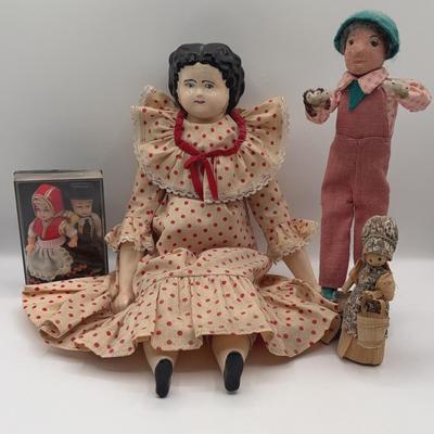 BE117 Antique Doll With Red Polka Dot Dress 19in H