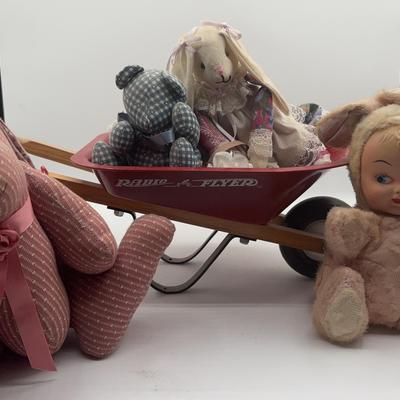 BE154 Red Radio Flyer Wheelbarrow, Vintage Bunny Dolls, Vintage Baby Doll