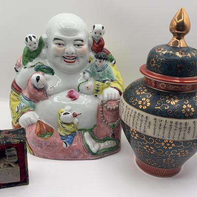 BE139 11x7 Porcelain Decorative Jar, 10x9 Vintage Chinese Porcelain Laughing Buddha With 5 Children