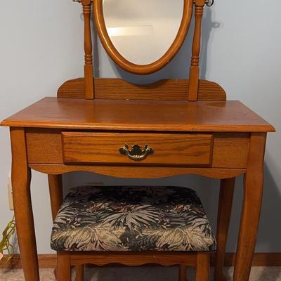 Vintage Wooden Vanity with Upholstered Stool
