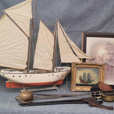 Nautical Décor & Military Sword Lot – Model Ship, Art, and Brass Sabers