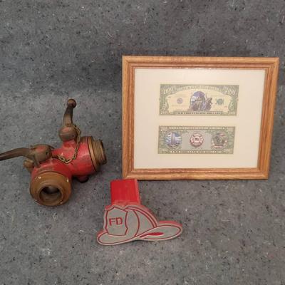 Framed Firefighter Collectibles | 9/11 Commemorative Bills, Brass Hydrant Fitting & Helmet Wall Clip