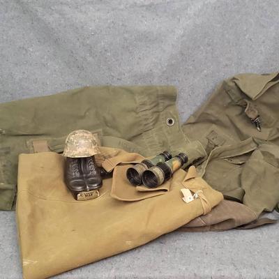 Military Gear Lot | Duffel Bags, Binoculars & Beam Combat Boots Decanter