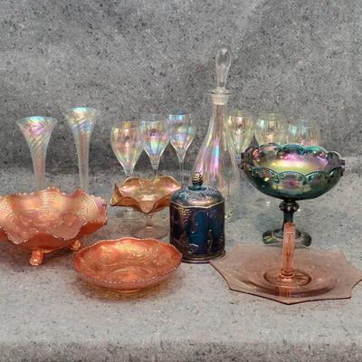 Iridescent & Carnival Glass Lot | Stemware, Decanter, Bowls, Compotes & More