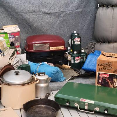 Camping Gear Lot | Coleman Stoves, Lantern, Propane, Sleeping Bags, Cast Iron & More