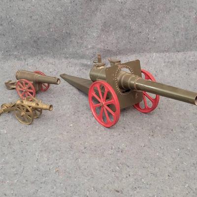 Vintage Miniature Cannons | No. 15 CC Signal Cannon w/ Red Wheels + Brass Cannons (3 Total)