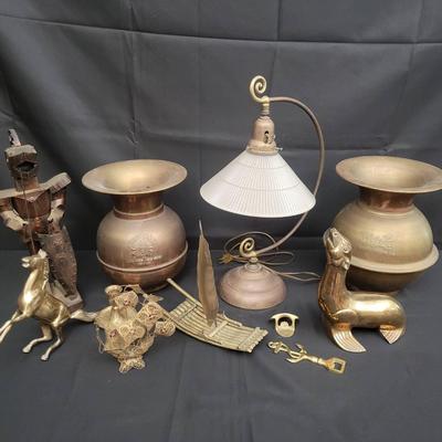Brass & Metal Decor Lot | Redskin Chewing Tobacco Spittoons, Brass Figures, Lamp & More