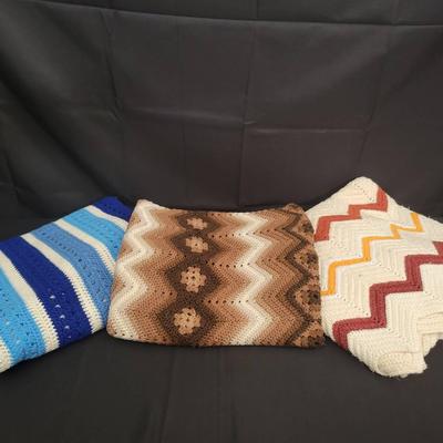 Handmade Crochet Afghans | Vintage Zig-Zag & Granny Square Blankets | Lot of 3