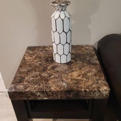 Pair Of Faux Wood Top Side Tables & Decor