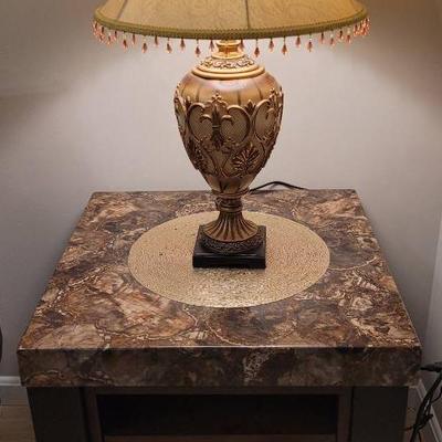 Pair Of Faux Wood Top Side Tables & Lamps