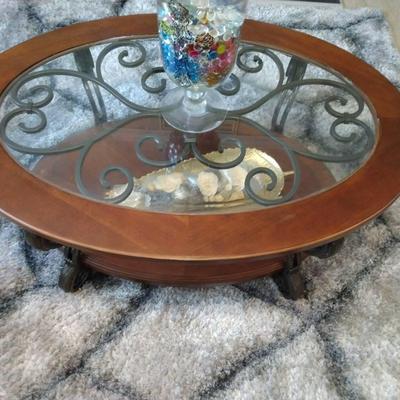 Glass Top Metal Frame Coffee Table With Wood Accents