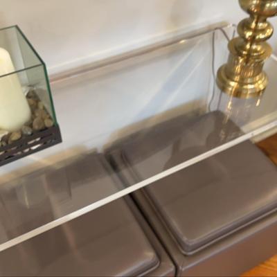 Lucite Console Table, Matching Lamp, 2 Ottomans