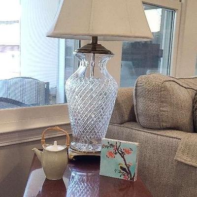 Wood End Table, Beveled Glass Lamp, Tea Pot & Floral Print