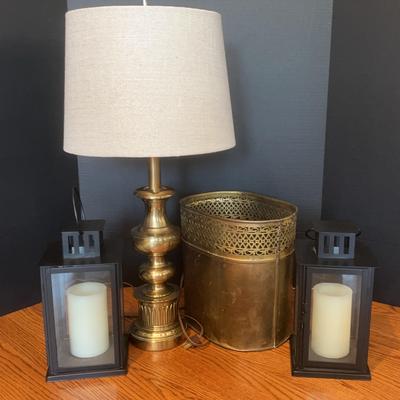 Brass Lamp, Brass Waste Basket, 2 Lanterns