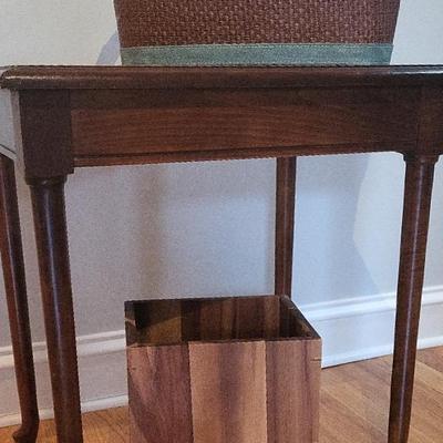 Wood table, rectangular wood trash can & decorative basket