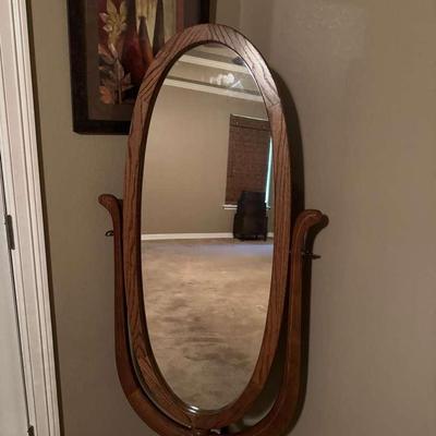 Wood Cheval Floor Mirror With Framed Art