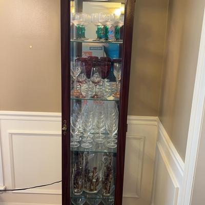 Lighted Wood & Glass Display Cabinet with Glassware – 15.5”W x 13”D x 70”T”