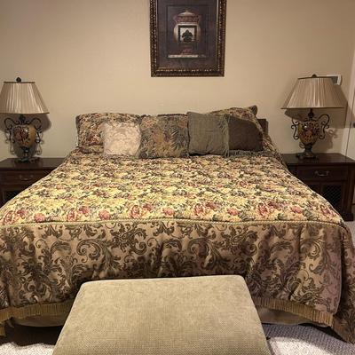 King Size Bed with Mattress, Comforter, 2 Side Tables, 2 Lamps, Large Footstool & Wall Art