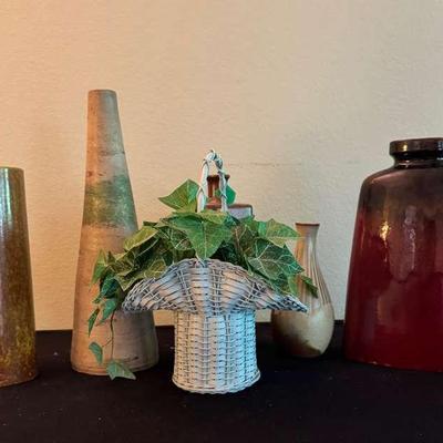 Ceramic Vases with Red Glazed Jar & Wicker Planter