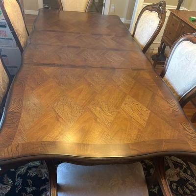 Ornate Wood Dining Table with 2 Captain’s Chairs, 4 Side Chairs & 2 Leaves