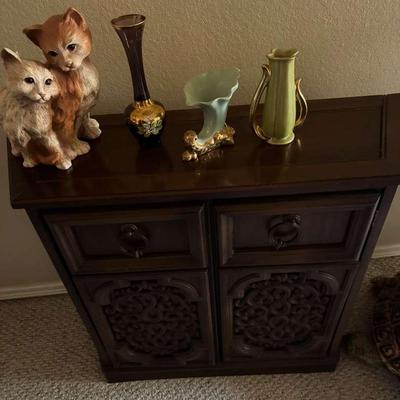 Wood Cabinet with Carved Doors & Ceramic Turtle Stool