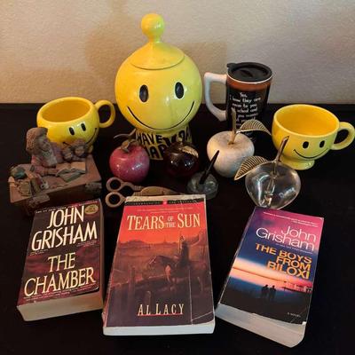 Smiley Face Cookie Jar & Cups, Decorative Apples, Books & Collectibles