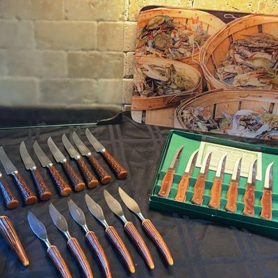 Maxam Steel Steak Knives, Crown Crest Steak Knives, Vintage Faux Antler Knives & Cutting Board