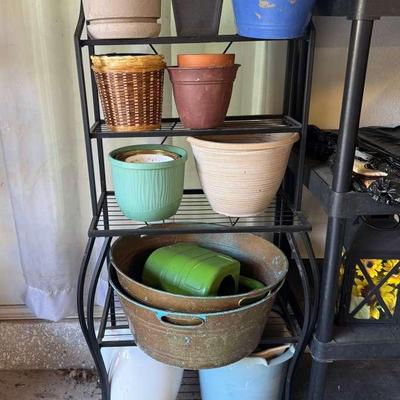 Flower Pots, Wrought Iron Shelf & Buckets