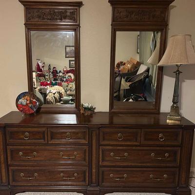 Wood Dresser with 2 Mirrors, Lamp & Accessories – 82”L x 20”D x 32”H