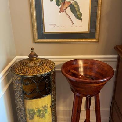 Decorative Wine Holder, Wood Salad Bowl on Stand & Framed Art
