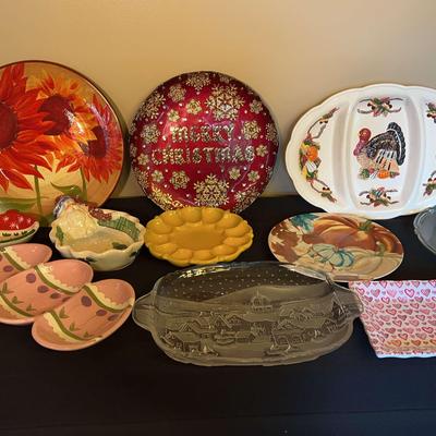 Collection of Holiday & Decorative Serving Platters, Plates, and Trays