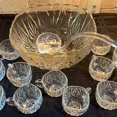 Heavy Glass Punch Bowl Set with Cups & Ladle