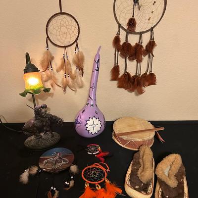 Native American Dream Catchers, Drum, Moccasins, Gourd & Lamp