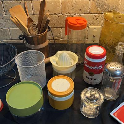 Campbell’s Soup Container, Tang Jar, Tabasco Spoon Rest, Amber Pitcher & Kitchen Collectibles