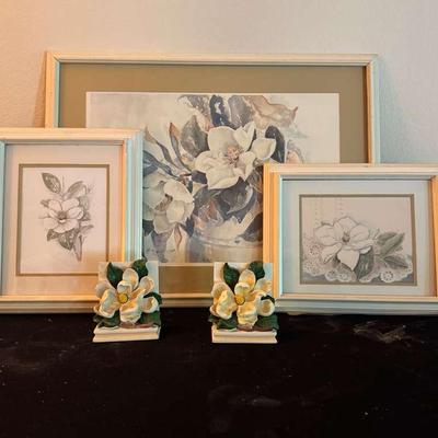 Glenda James & Bertrand Magnolia Painting with Matching Bookends