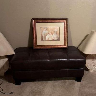 Upholstered Bench with Framed Art & Pair of Table Lamps