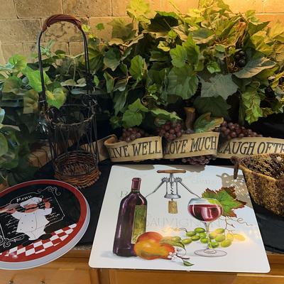 Wine & Kitchen Decor Lot – Artificial Greenery, Wine Trays, Glasses, Baskets & More