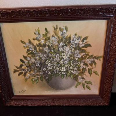 Ramah Stephens Framed Floral Painting, Daneker Mantel Clock, and Basket
