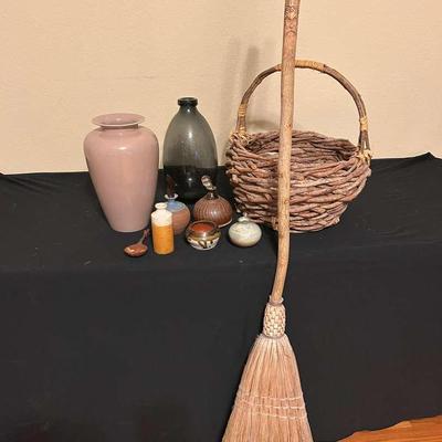 Pottery Pieces, Hand-Carved Broom & Woven Basket