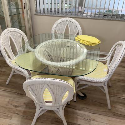 White Wicker Glass Top Table W/ Wicker Chairs