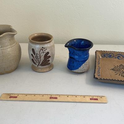 Vintage Handmade Pottery Lot - Cups, Pitcher, & Plate