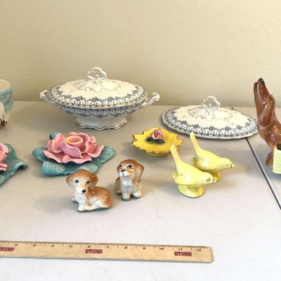 Vintage Made In USA Pottery - Dachshund Planter, Pink Rose Candle Holder, & Yellow Birds