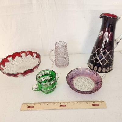 5pc Colorful Cut to Crystal - Dark Red Pitcher, Bowl, Purple & Green